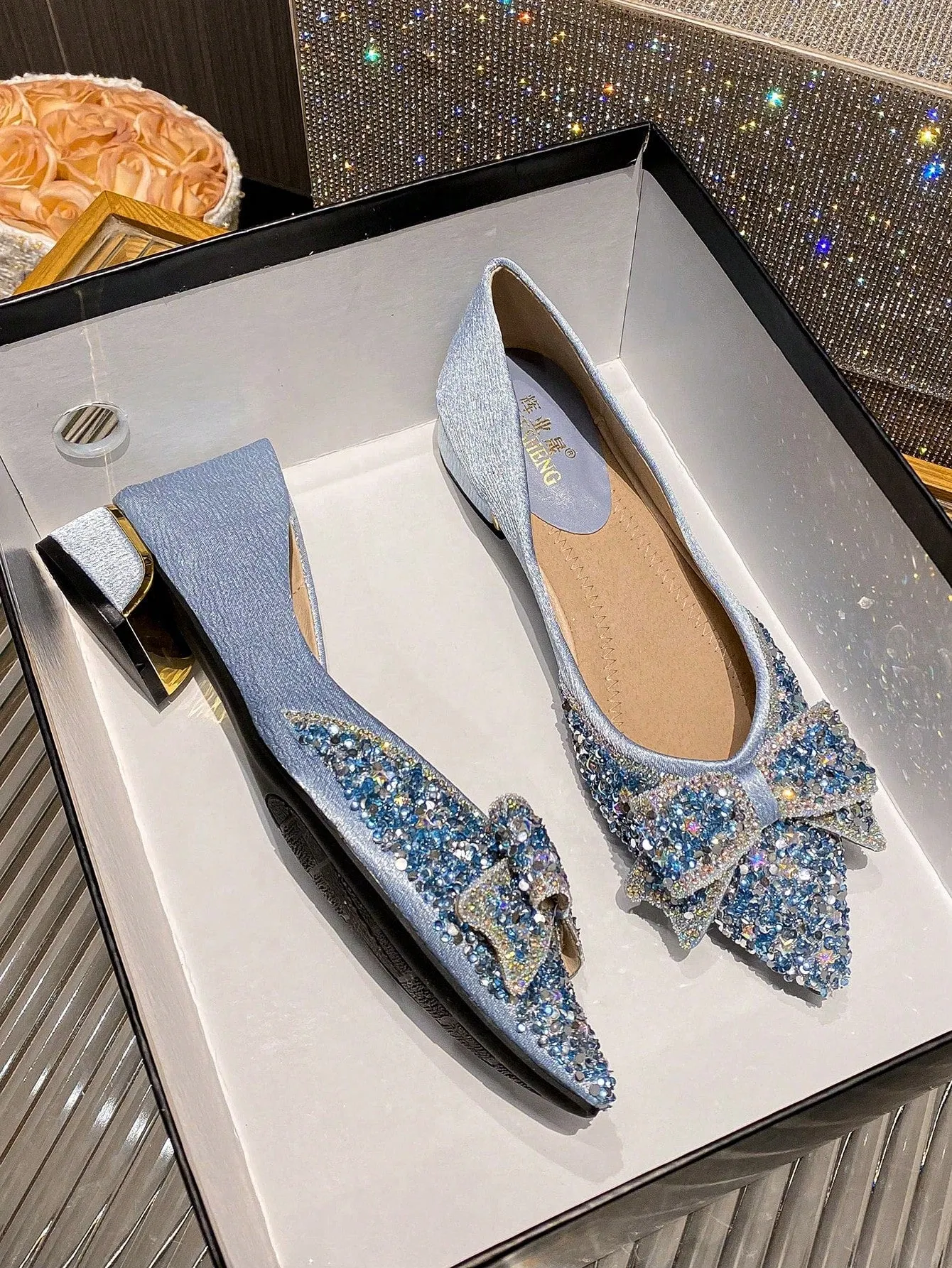 Women Rhinestone & Bow Decor Point Toe Flats, Glamorous Fabric Flats For Party