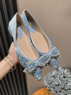 Women Rhinestone & Bow Decor Point Toe Flats, Glamorous Fabric Flats For Party