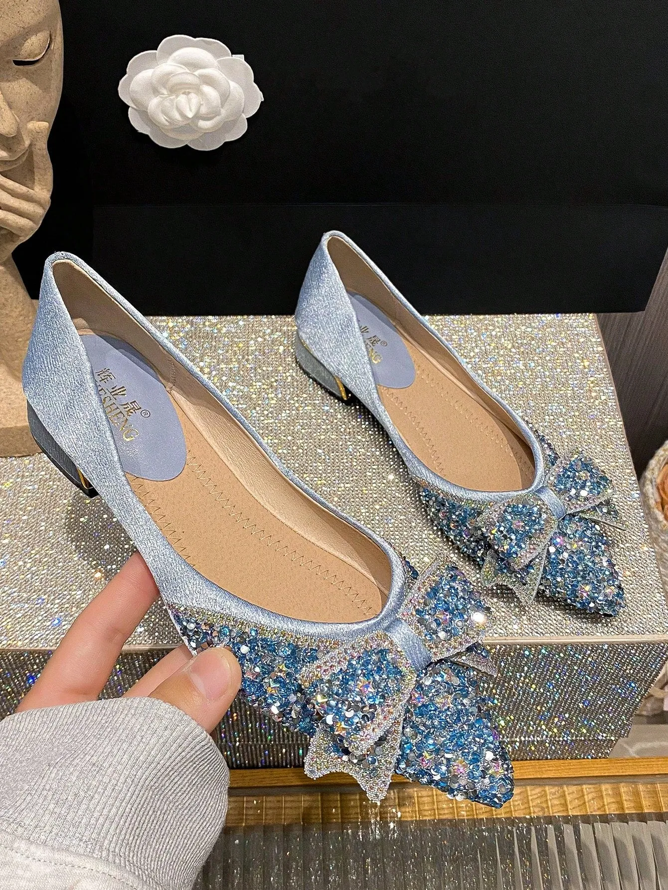 Women Rhinestone & Bow Decor Point Toe Flats, Glamorous Fabric Flats For Party