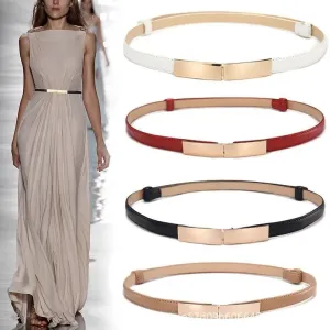 Women Thin Skinny Metal Gold Elastic Buckle Belts