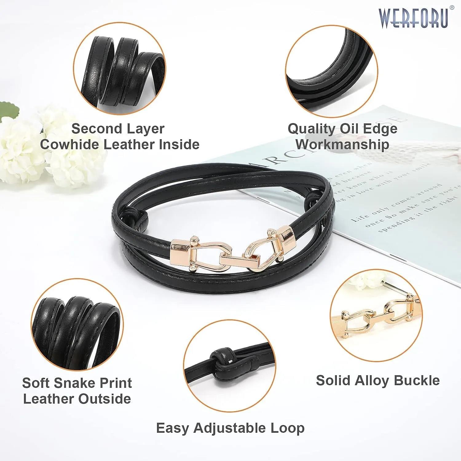 Women thin style Leather Belt 2 Pack for Dress with Gold Buckle