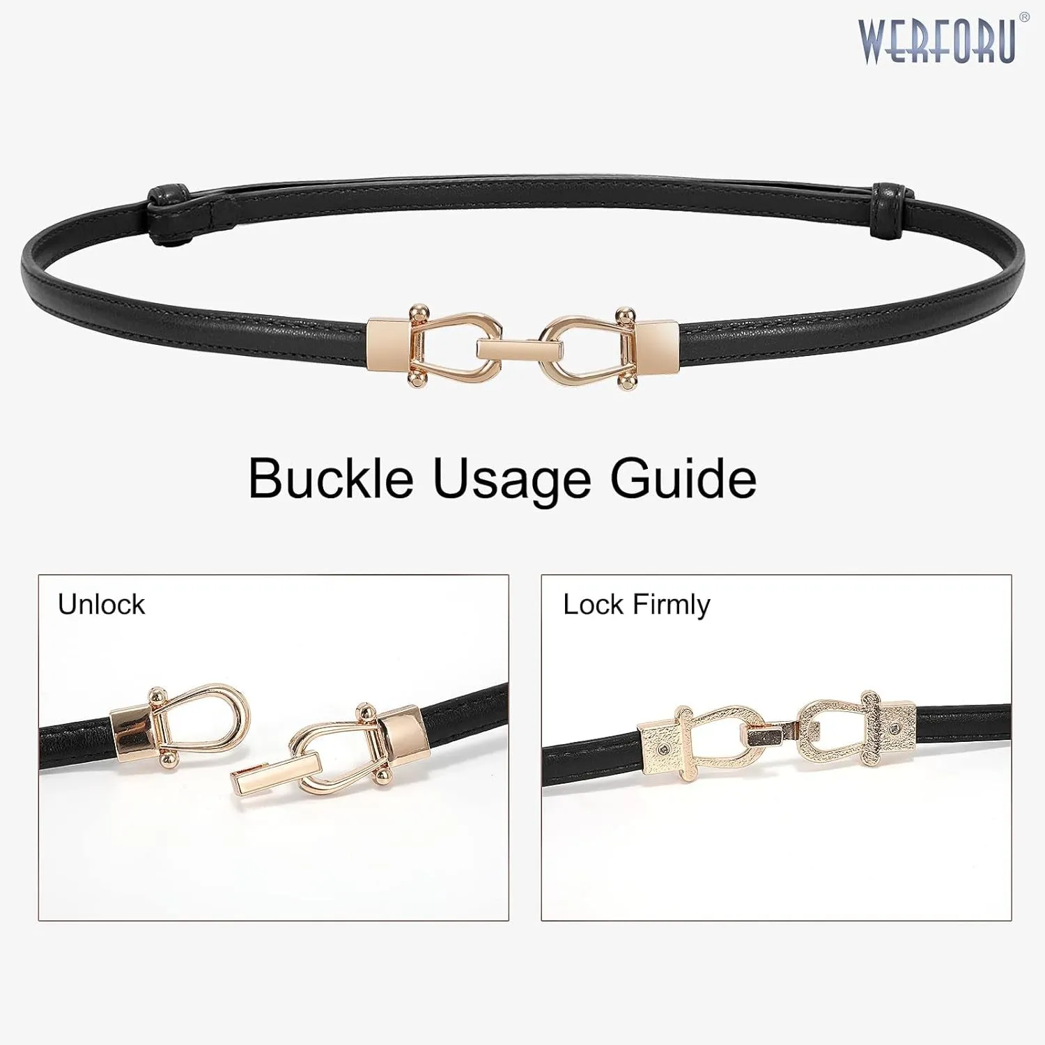 Women thin style Leather Belt 2 Pack for Dress with Gold Buckle