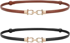 Women thin style Leather Belt 2 Pack for Dress with Gold Buckle