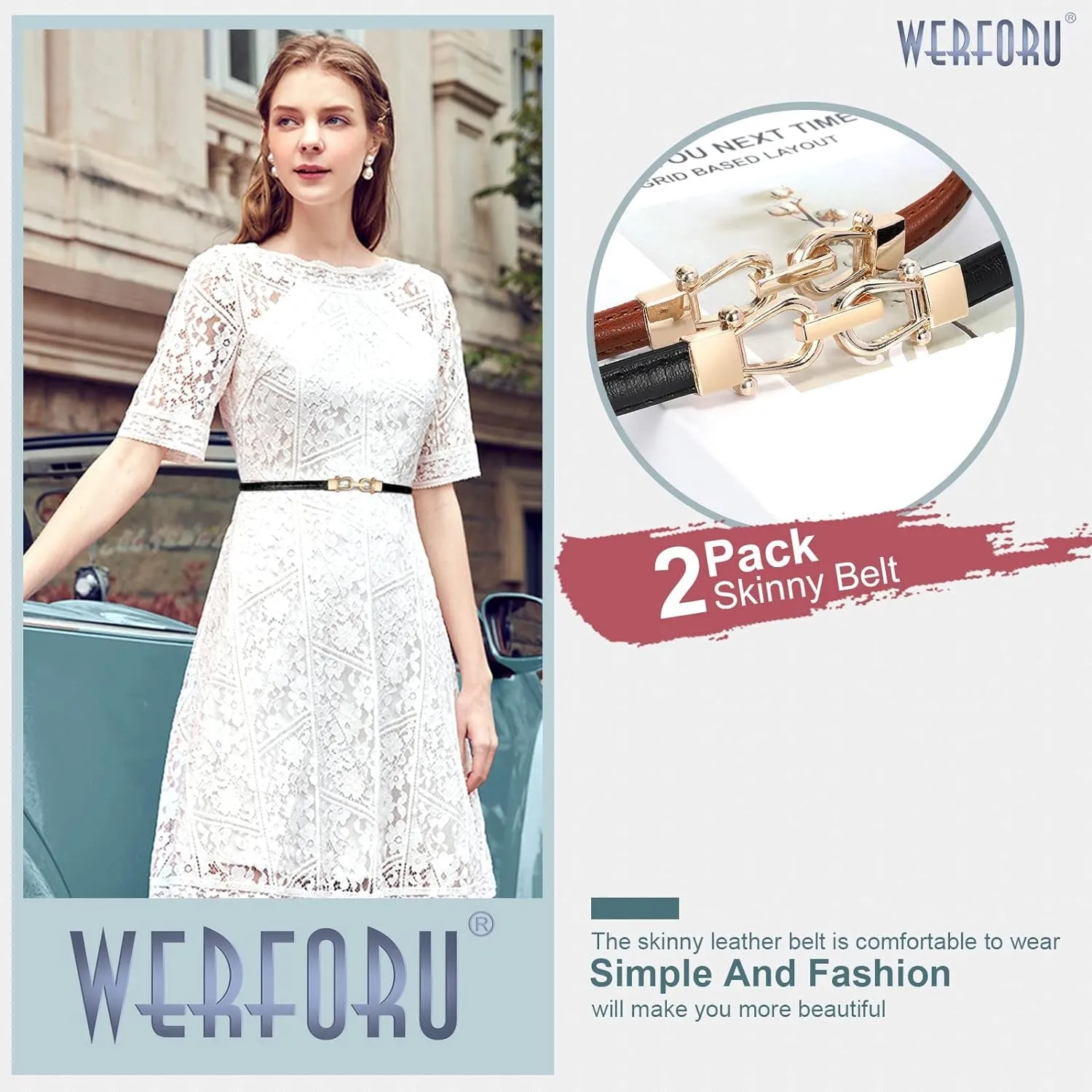 Women thin style Leather Belt 2 Pack for Dress with Gold Buckle