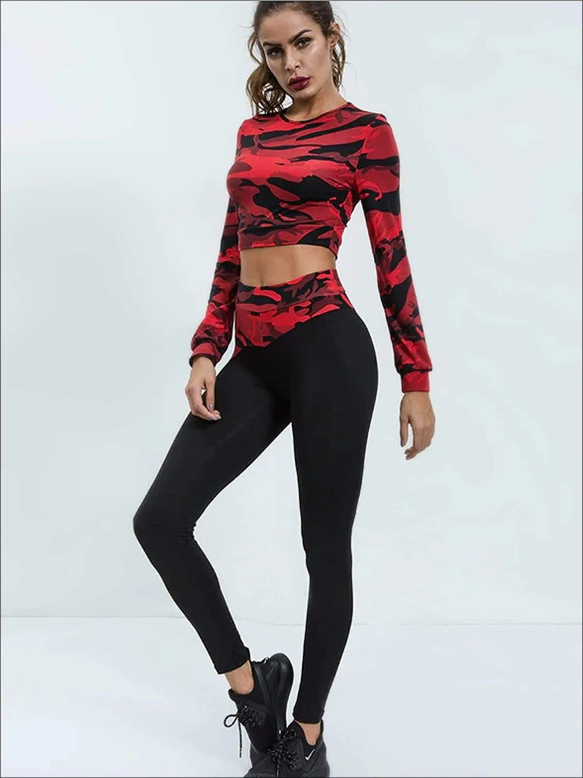 Women's Camo Print Long Sleeve Crop Top & Leggings Set