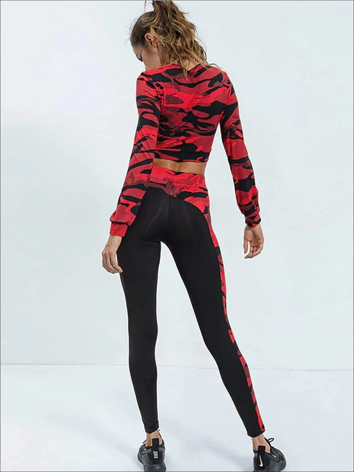 Women's Camo Print Long Sleeve Crop Top & Leggings Set