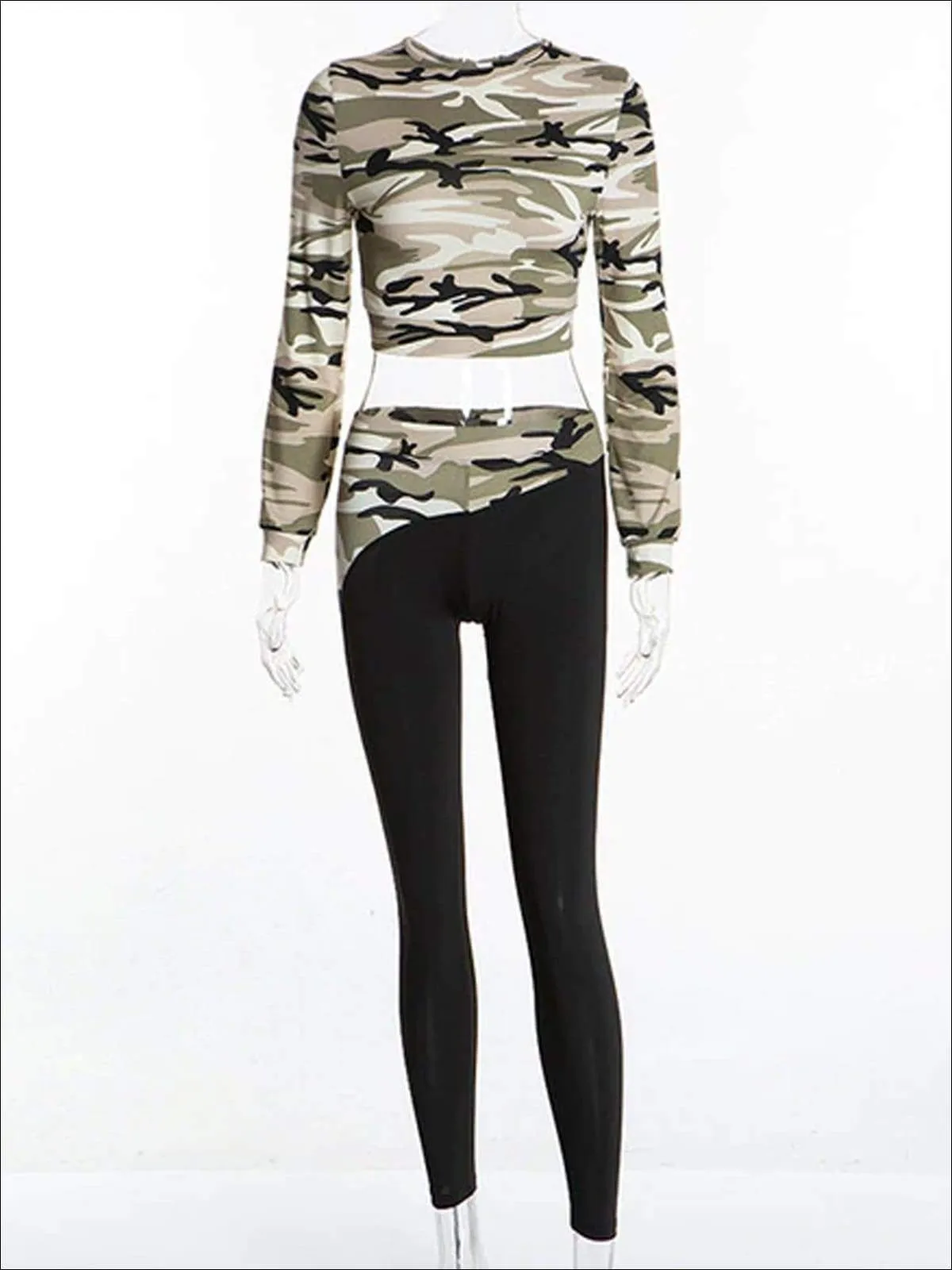 Women's Camo Print Long Sleeve Crop Top & Leggings Set