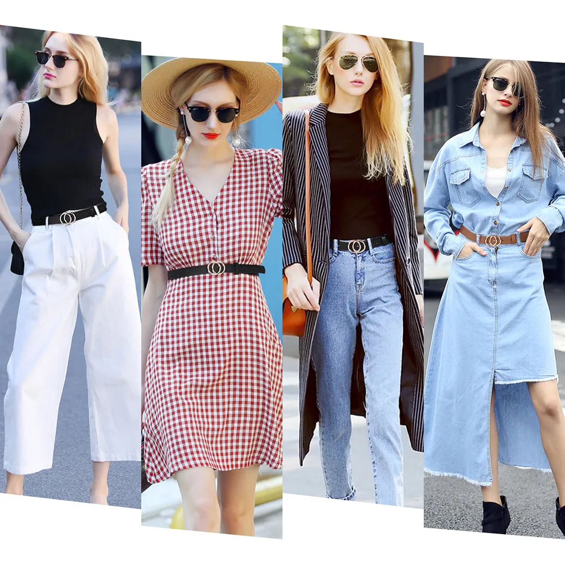 Women's Leather Skinny Belts for Dress Jeans Pants Fashion Soft Leather Waist Belts with Double O-Ring Buckle