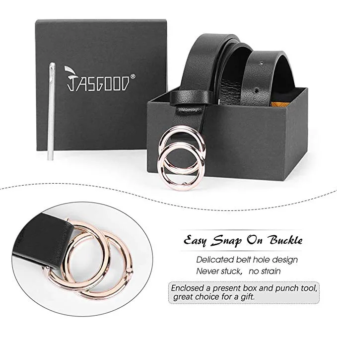 Women's Leather Skinny Belts for Dress Jeans Pants Fashion Soft Leather Waist Belts with Double O-Ring Buckle