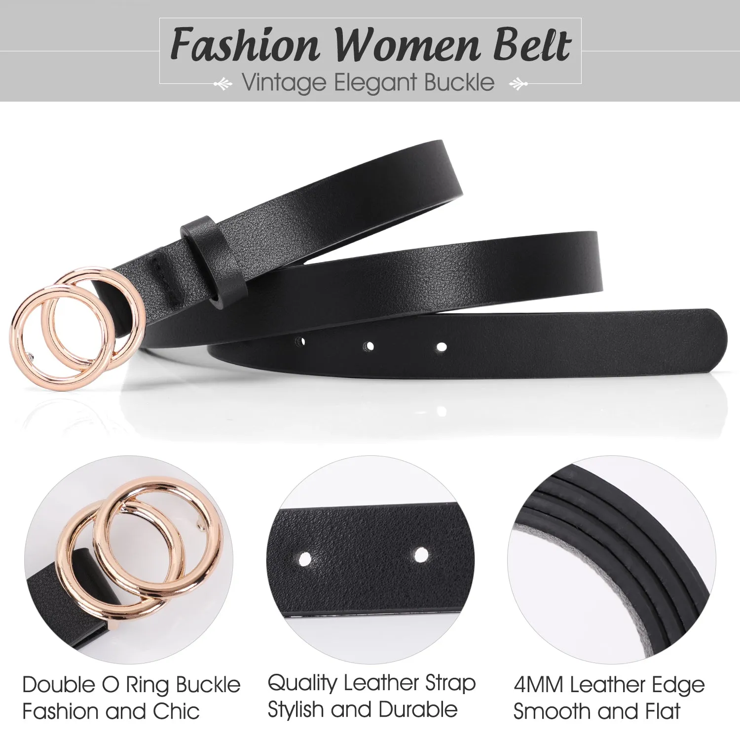 Women's Leather Skinny Belts for Dress Jeans Pants Fashion Soft Leather Waist Belts with Double O-Ring Buckle