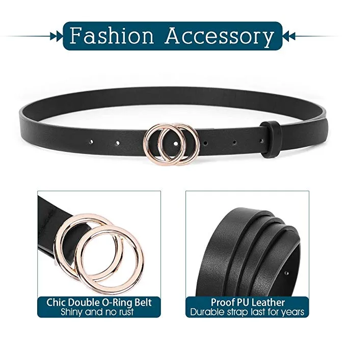 Women's Leather Skinny Belts for Dress Jeans Pants Fashion Soft Leather Waist Belts with Double O-Ring Buckle