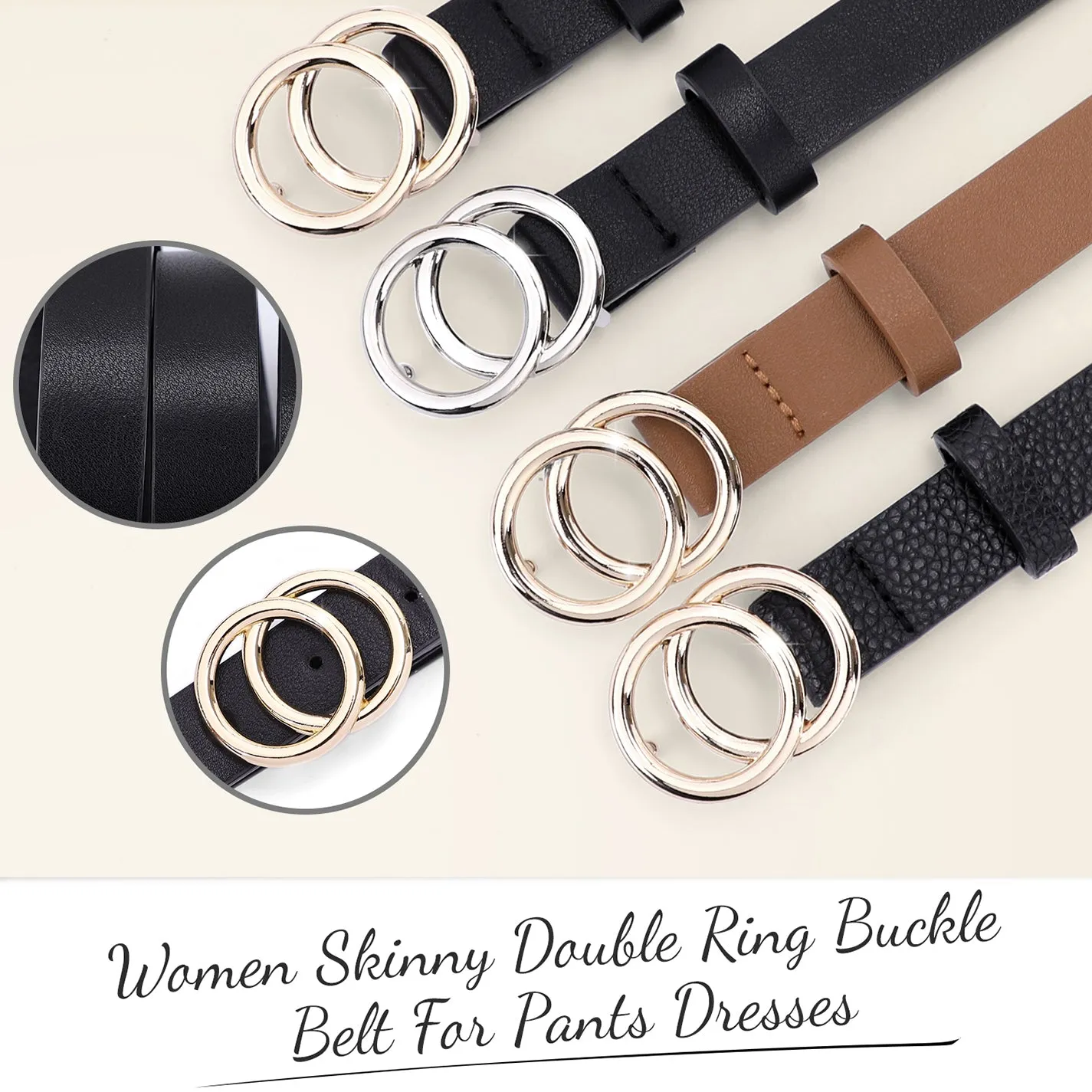Women's Leather Skinny Belts for Dress Jeans Pants Fashion Soft Leather Waist Belts with Double O-Ring Buckle