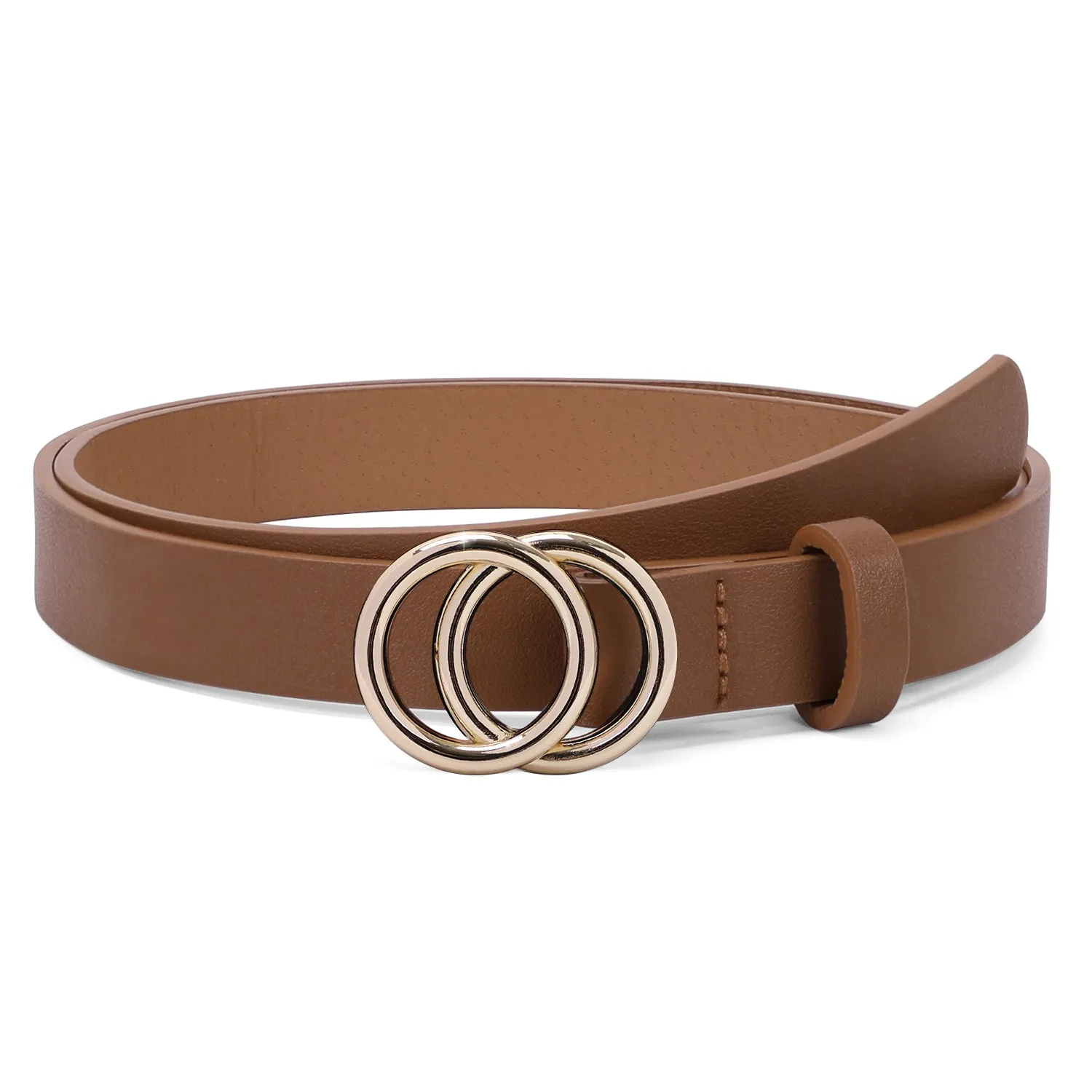 Women's Leather Skinny Belts for Dress Jeans Pants Fashion Soft Leather Waist Belts with Double O-Ring Buckle