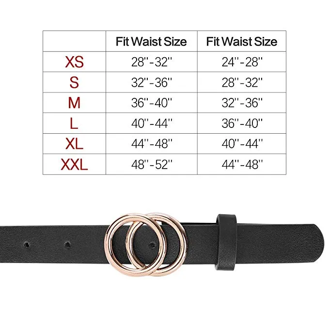 Women's Leather Skinny Belts for Dress Jeans Pants Fashion Soft Leather Waist Belts with Double O-Ring Buckle