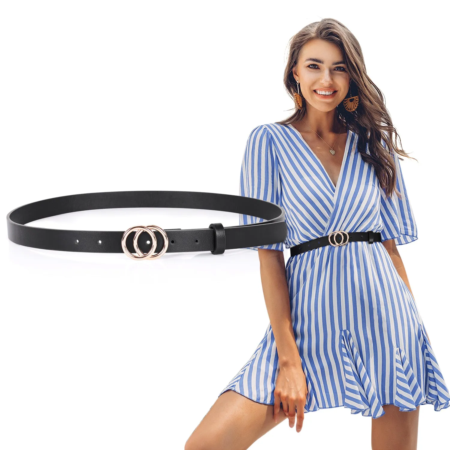 Women's Leather Skinny Belts for Dress Jeans Pants Fashion Soft Leather Waist Belts with Double O-Ring Buckle