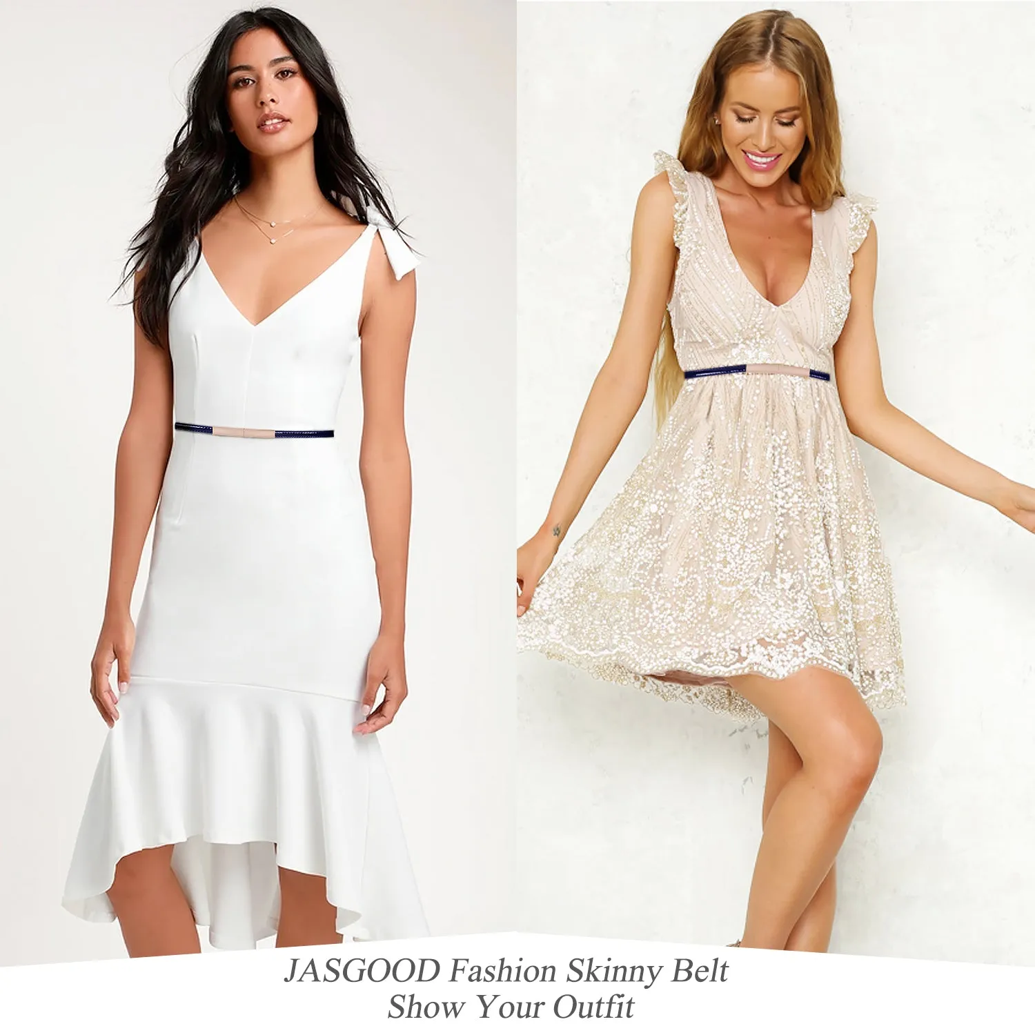 Women’s Skinny Blue  Leather Belt Adjustable Slim Waist Belt with Gold Alloy Buckle for Dress By JASGOOD
