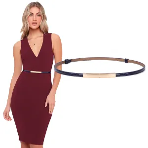 Women’s Skinny Blue  Leather Belt Adjustable Slim Waist Belt with Gold Alloy Buckle for Dress By JASGOOD