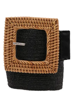 Wood Square Buckle Woven Straw Stretch Belt 41475-1-BT-C