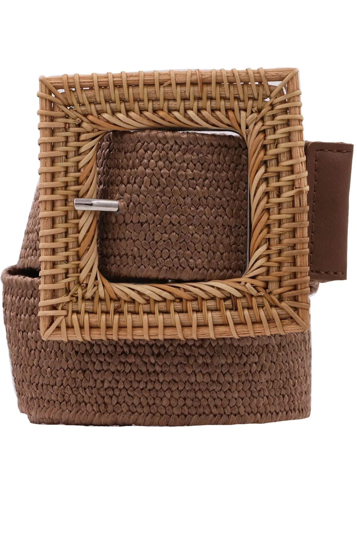 Wood Square Buckle Woven Straw Stretch Belt 41475-1-BT-C