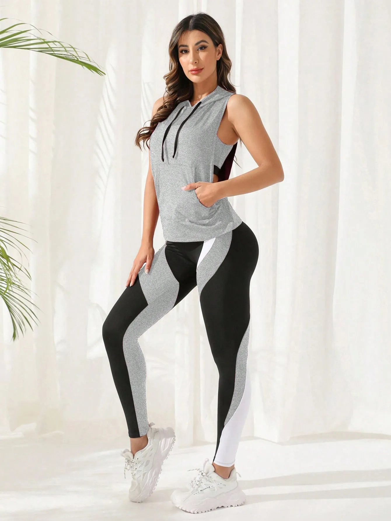 Yoga Future 3pcs Colorblock Running Set Workout Suit Drawstring Hooded Tank & Strap Bra & Leggings
