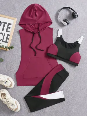 Yoga Future 3pcs Colorblock Running Set Workout Suit Drawstring Hooded Tank & Strap Bra & Leggings