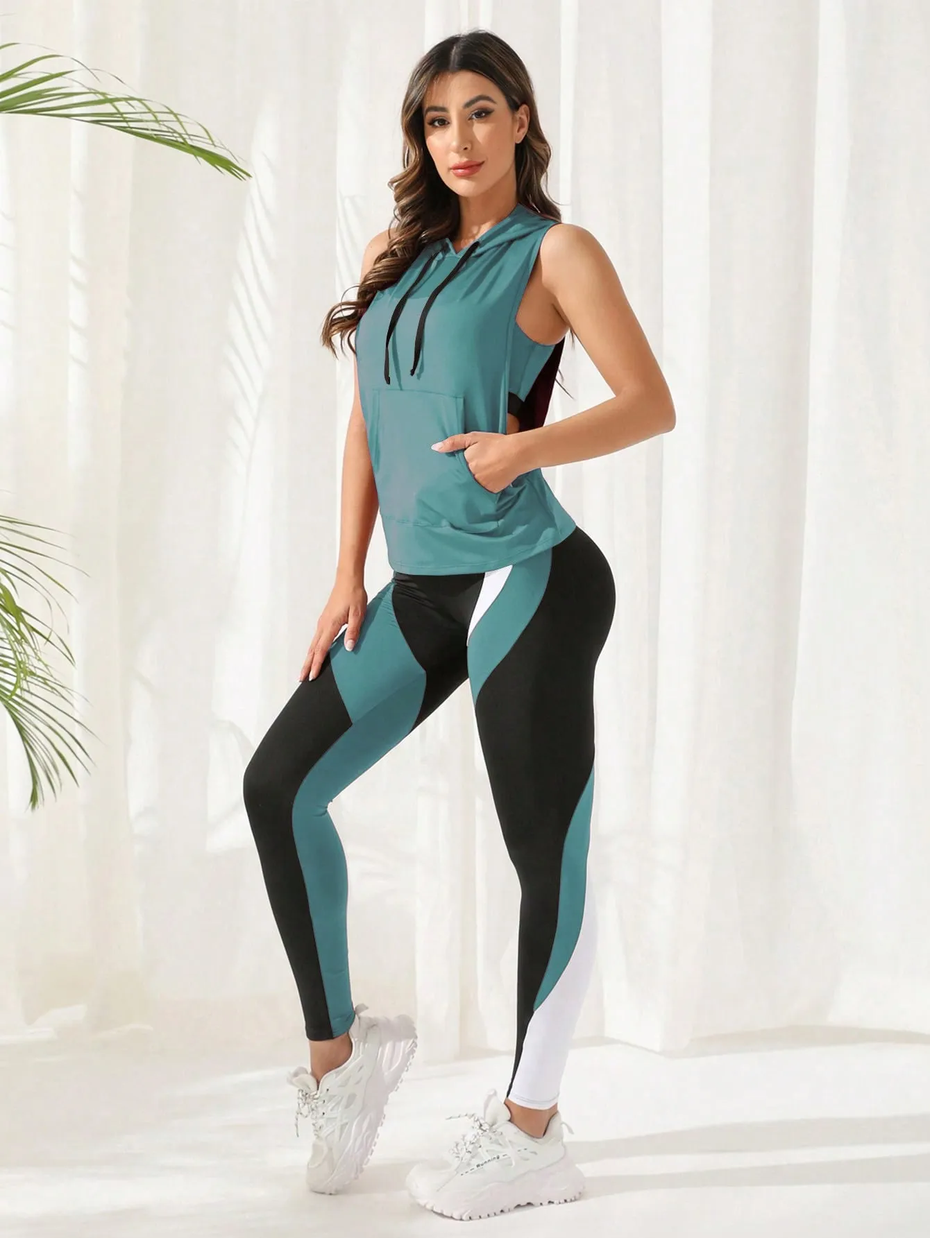 Yoga Future 3pcs Colorblock Running Set Workout Suit Drawstring Hooded Tank & Strap Bra & Leggings