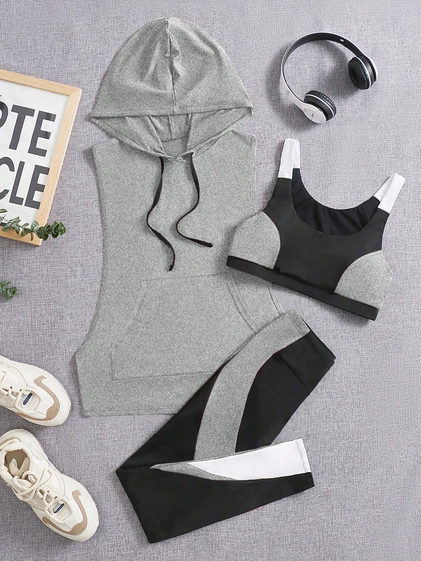Yoga Future 3pcs Colorblock Running Set Workout Suit Drawstring Hooded Tank & Strap Bra & Leggings