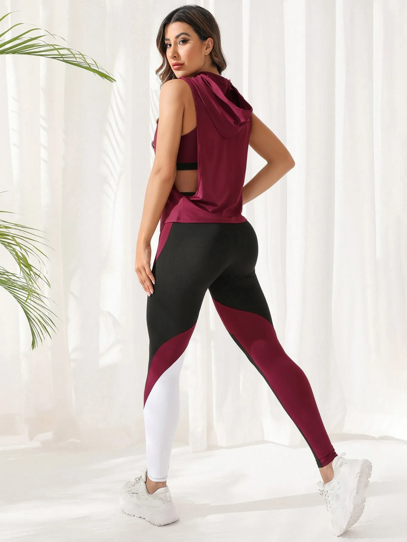 Yoga Future 3pcs Colorblock Running Set Workout Suit Drawstring Hooded Tank & Strap Bra & Leggings