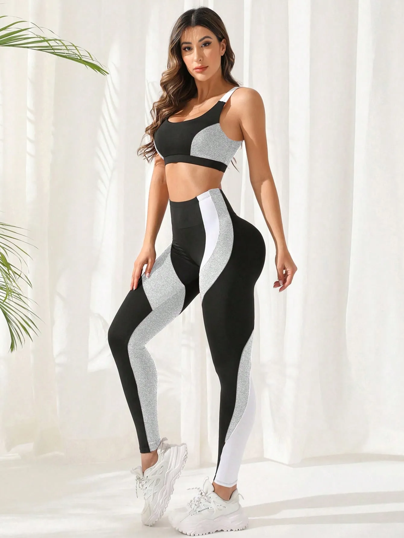 Yoga Future 3pcs Colorblock Running Set Workout Suit Drawstring Hooded Tank & Strap Bra & Leggings