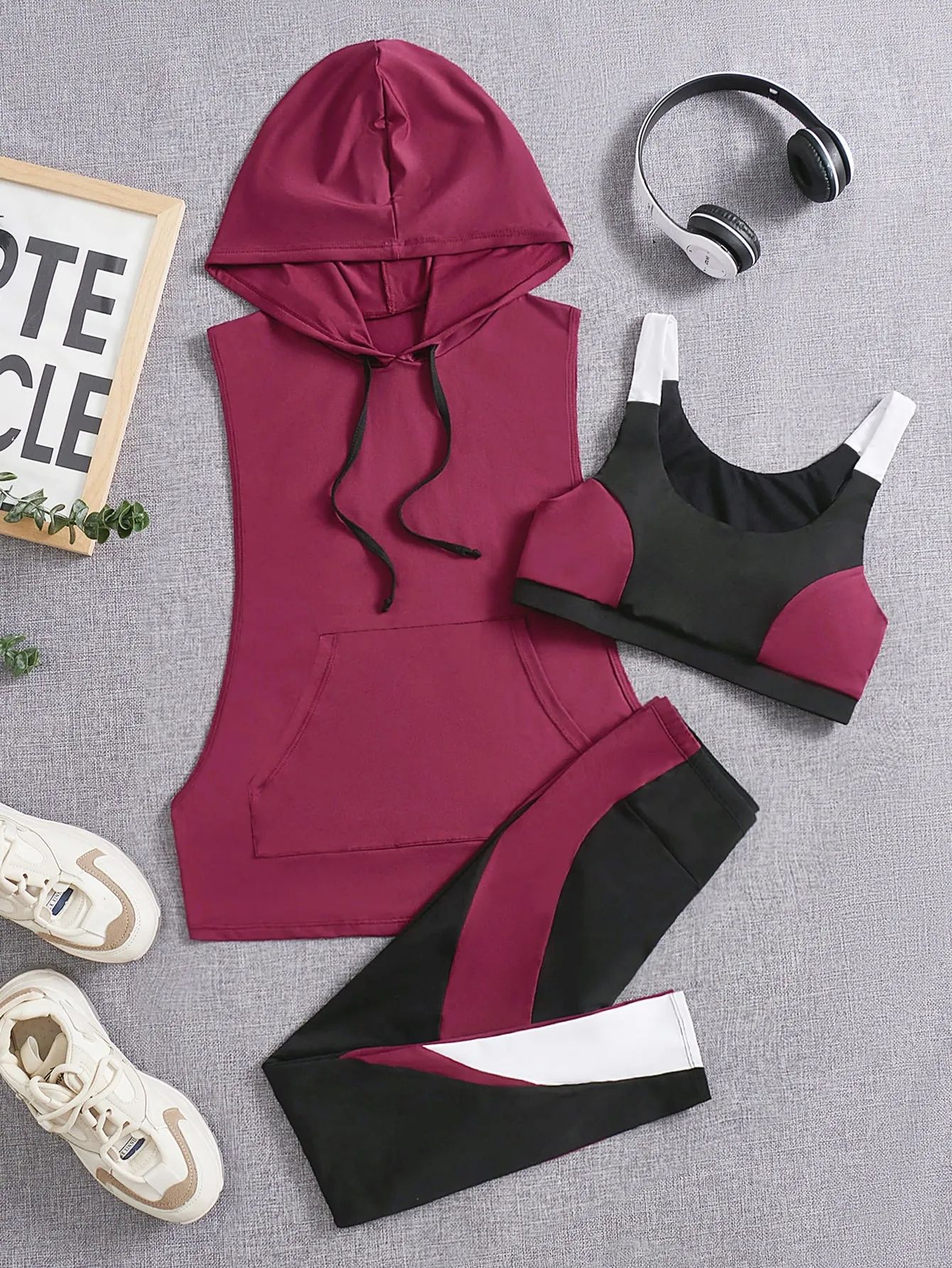 Yoga Future 3pcs Colorblock Running Set Workout Suit Drawstring Hooded Tank & Strap Bra & Leggings