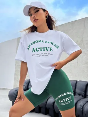 Yoga High Street Slogan Graphic Drop Shoulder Tee & Biker Shorts