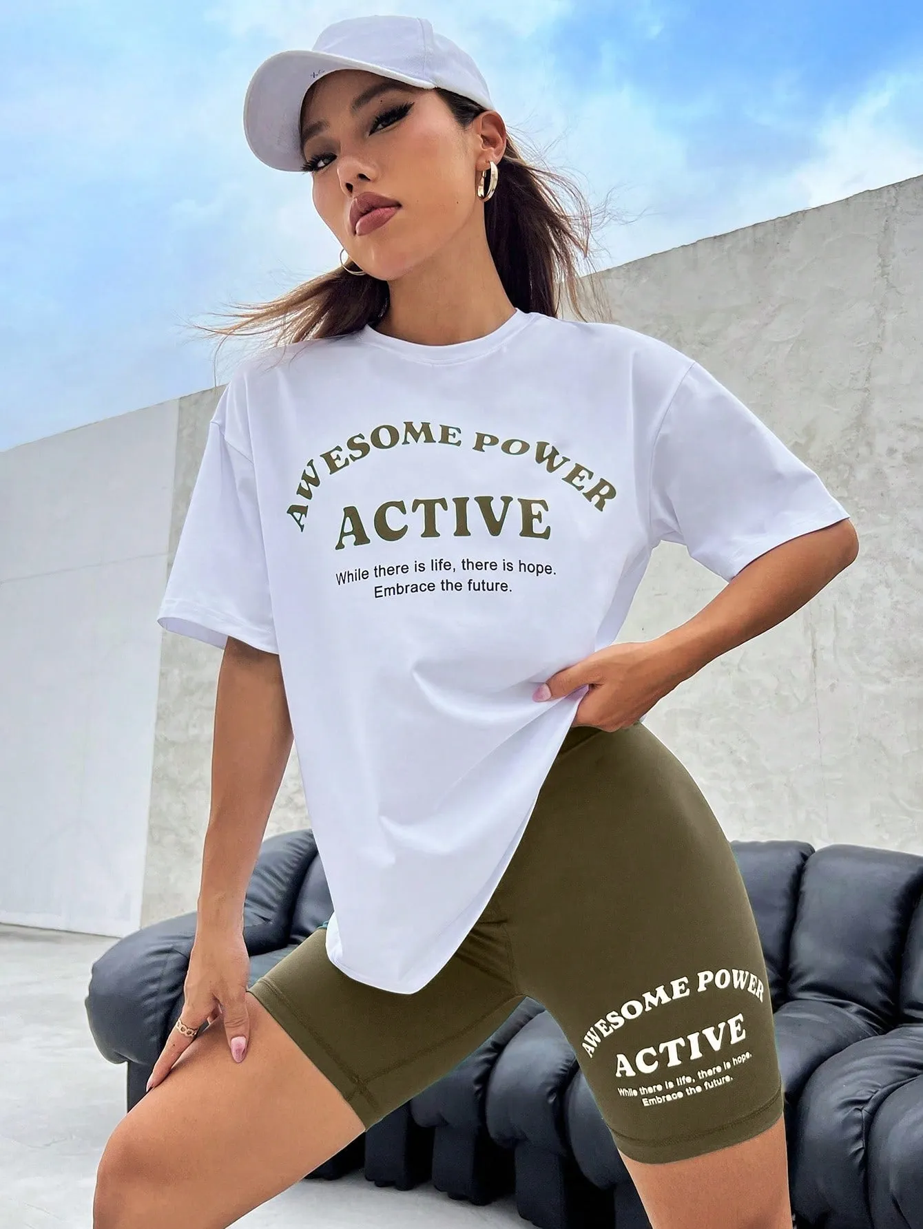 Yoga High Street Slogan Graphic Drop Shoulder Tee & Biker Shorts
