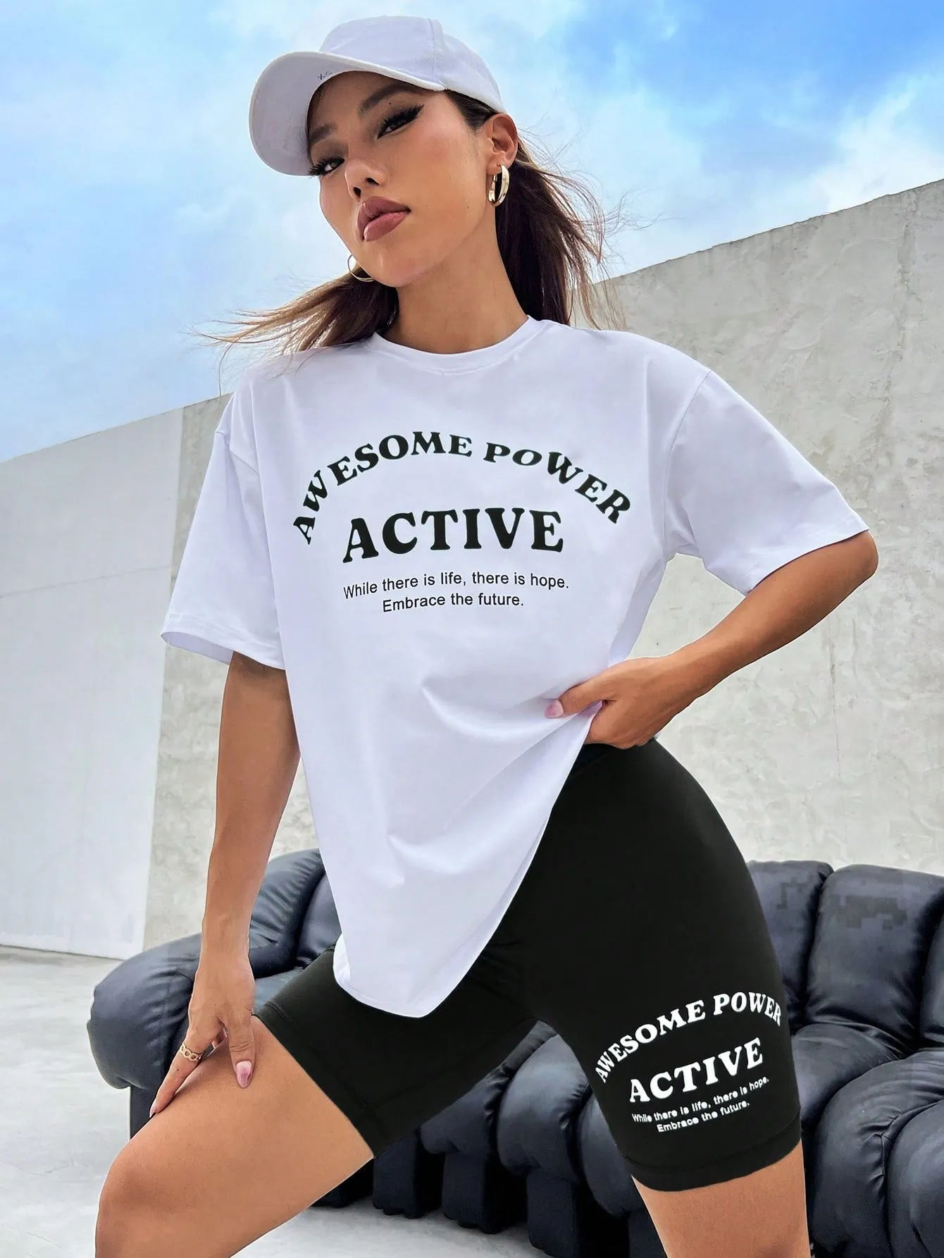 Yoga High Street Slogan Graphic Drop Shoulder Tee & Biker Shorts