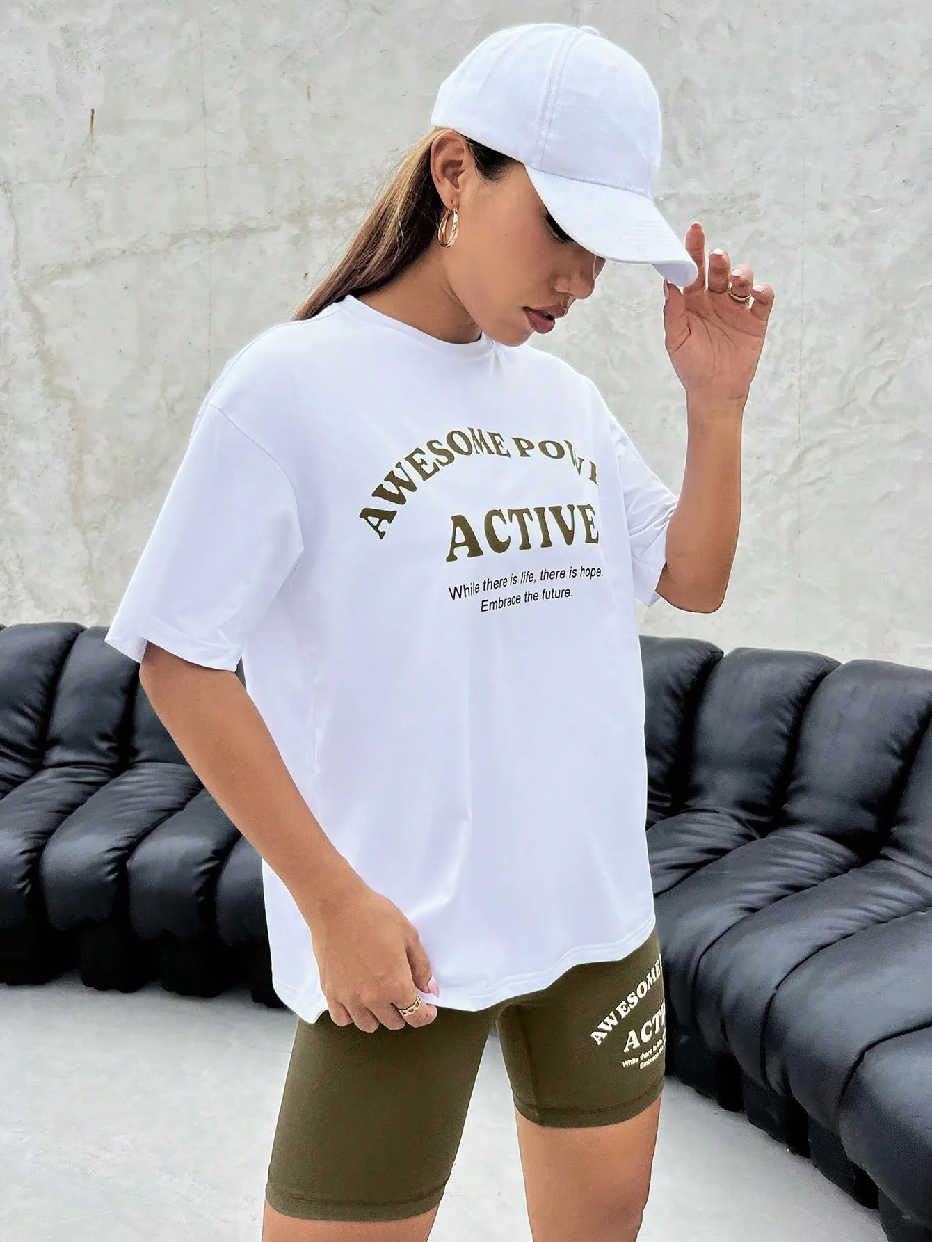 Yoga High Street Slogan Graphic Drop Shoulder Tee & Biker Shorts