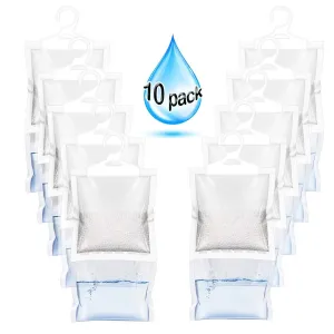 ZMFH 10 Pack Moisture Absorber Hanging Bags, No Scent Max Odor Eliminator, 220g Dehumidification Bags for Closets, Bathrooms, Laundry Rooms, Pantries, Storage